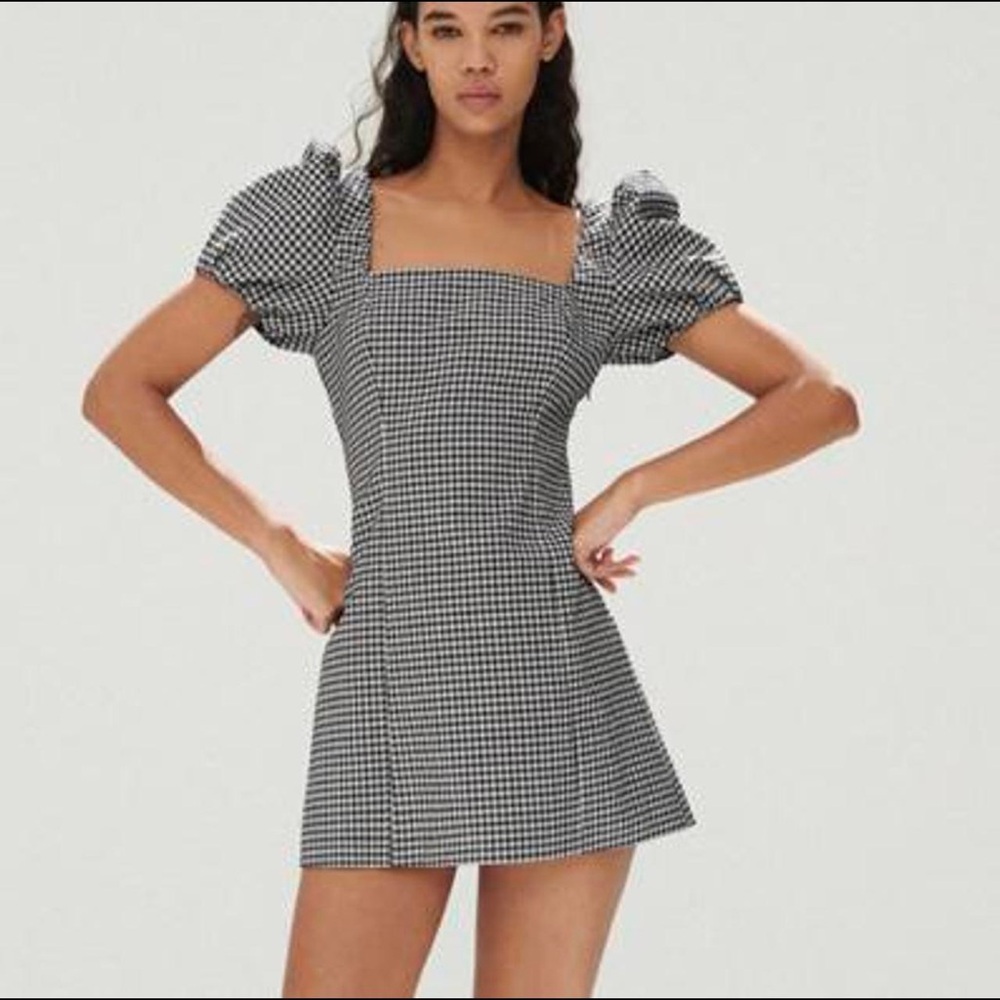 Zara black and white gingham puff sleeve mini dress size M